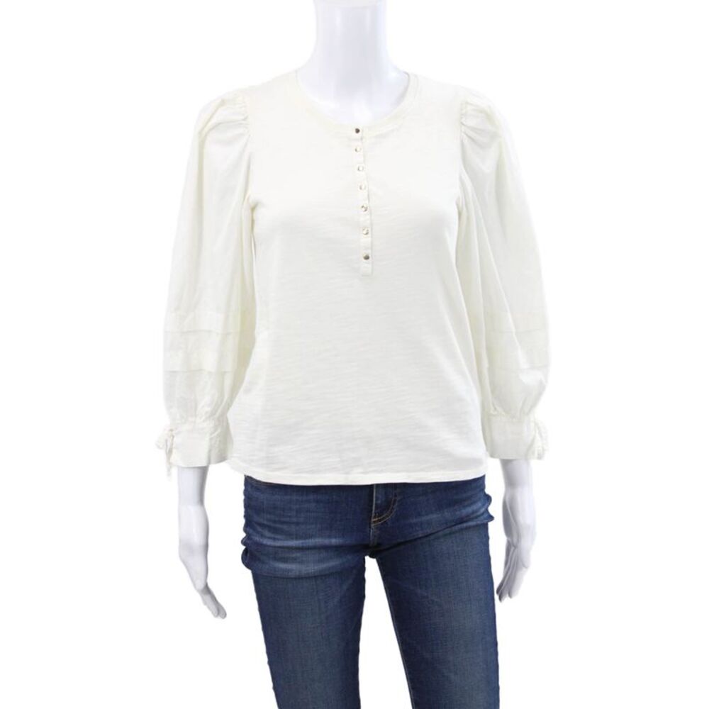 Nation LTD Women Basic White Cotton Henley Button 3/4 Sleeve Blouse Size XS